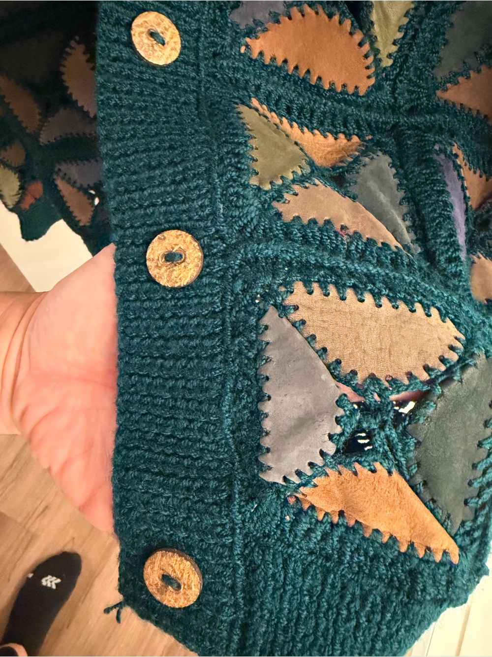 Vintage Crocheted Genuine Leather Patchwork Cardigan | Hand Knit One-of-a-kind - Picture 8 of 9